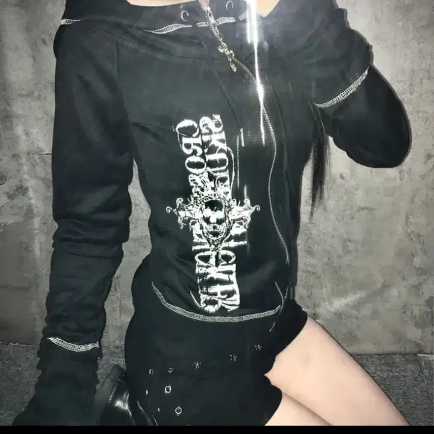 [BUNJANG] Y2K Skull Printing Zip-Up Hoodie / y2k 크로스 스컬 프린팅 후드집업