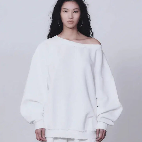 [BUNJANG] Trimingbird Scratch Damage Boatneck Sweatshirt / 트리밍버드 스크래치 데미지 보트넥 스웻셔츠