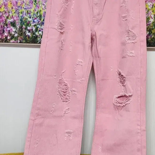 [BUNJANG] Pink Distressed Wide Leg Jeans / (새상품) 핑크 데미지 와이드 청바지