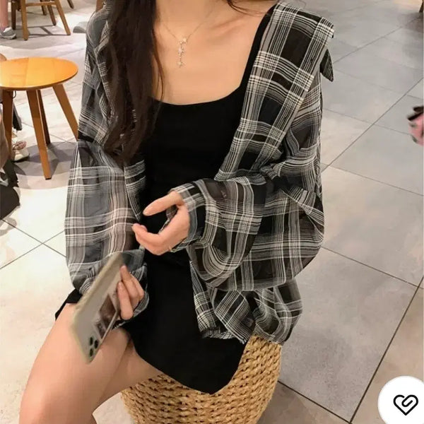 [BUNJANG] Summer Check See-through Oversized Shirt / 새제품 체크 셔츠 시스루 남방 살안타템
