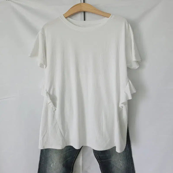 [BUNJANG] White Flowy Frill T-Shirt (Free Size) / 화이트 찰랑 프릴 티셔츠 F