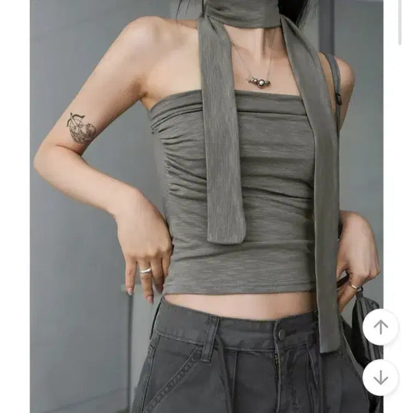 [BUNJANG] Binary One Shirring Top with Muffler Set - Black / 바이너리원 머플러세트 셔링탑 블랙