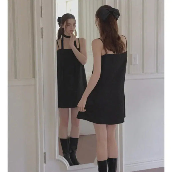 [BUNJANG] V Tail Set Bustier Dress Black / 트위 타이세트 뷔스티에 원피스 블랙