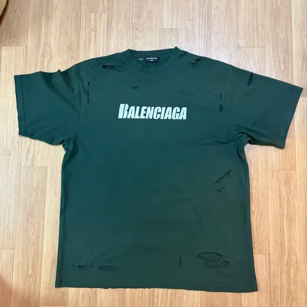 [BUNJANG] Balenciaga Distressed Short Sleeve T-Shirt Deep Green / (L)발렌시아가 디스트로이드 반팔 딥그린