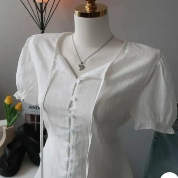 [BUNJANG] White Puff Sleeve Blouse with Ribbon Detail / 화이트 퍼프 소매 블라우스