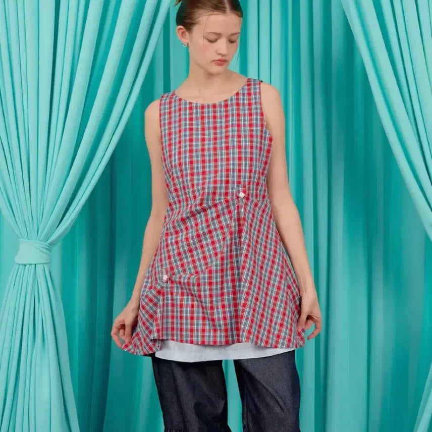 [BUNJANG] Button Flared Mini Dress - Check Red / BUTTON FLARED MINI DRESS / check-red