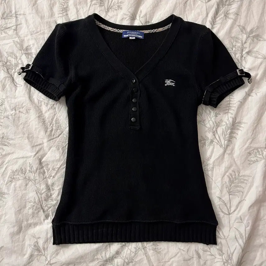 [BUNJANG] Burberry Blue Label Nova Check Belted Black Button Knit / 버버리 블루라벨 노바체크 소매 벨트 블랙 버튼 니트