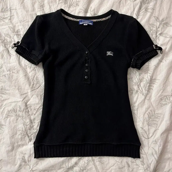 [BUNJANG] Burberry Blue Label Nova Check Belted Black Button Knit / 버버리 블루라벨 노바체크 소매 벨트 블랙 버튼 니트