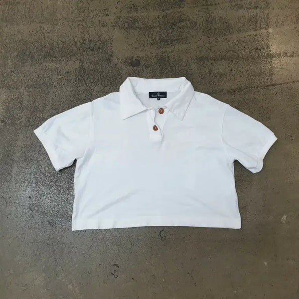 [BUNJANG] Vivienne Westwood White Cropped Polo Shirt Size 38 / 비비안웨스트우드 화이트 크롭 카라티 38