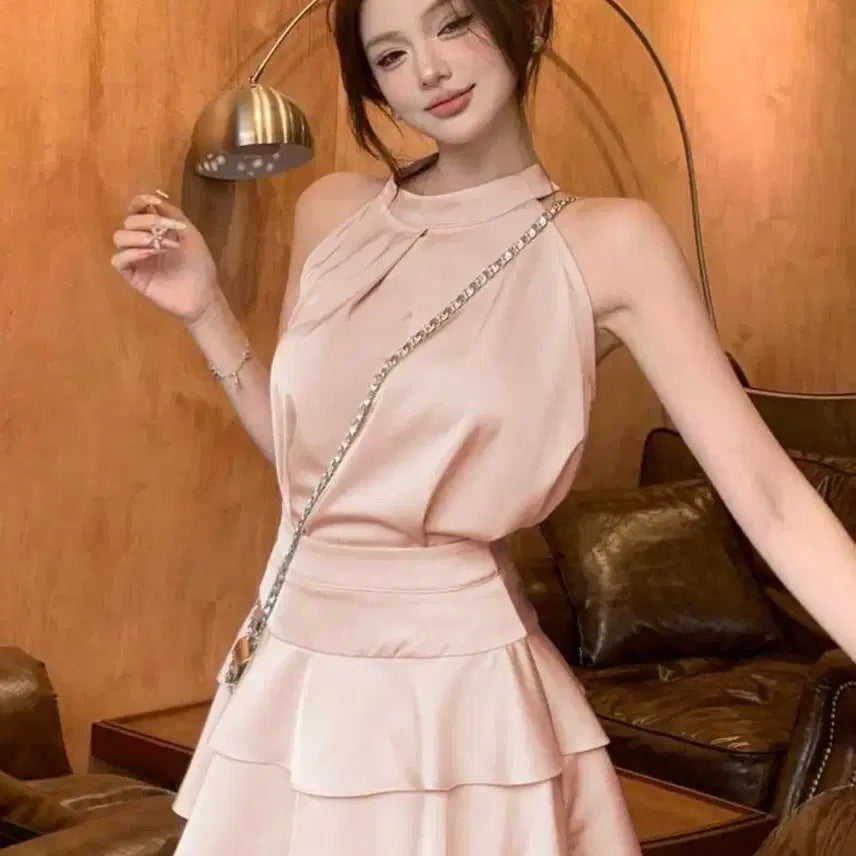 [BUNJANG] Pink Halterneck Two-Piece Set / 일녀 중녀 핑크 스나계 홀터넥 투피스