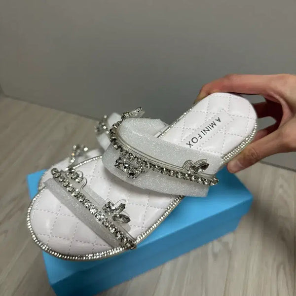 [BUNJANG] Quilted Platform Slippers with Jewel Embellishment (3.5cm Heel) / 새상품 225 35 퀄팅 바닥 3.5cm 슬리퍼