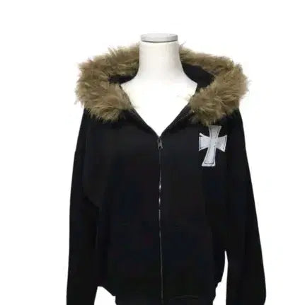 [BUNJANG] Punk Gyaru Fur Hood Zip-Up Hoodie / (급처)펑크 갸루 퍼후드