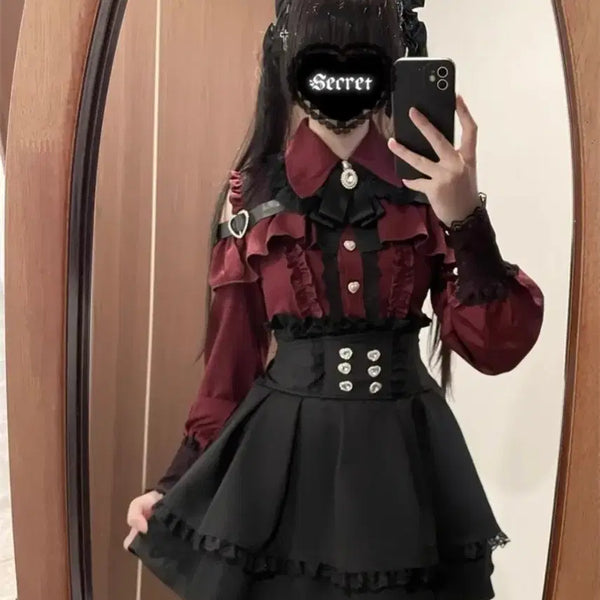 [BUNJANG] Burgundy Blouse and Skirt Set / 지뢰계 버건디 블라우스+스커트 일괄 급전 판매