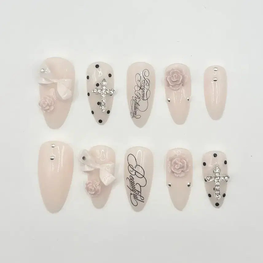 [BUNJANG] Custom Handmade Cross Rose Lettering Nail Tips (XS-L) / 십자가 장미 레터링 네일팁 xs/s/m/l 주문제작 수제 핀터레스트