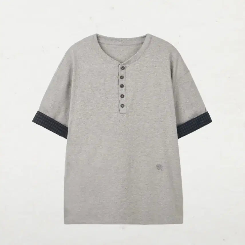 [BUNJANG] DANDEL DD Check Roll-Up Henley Neck Tee / 단델 DD check roll-up henley neck tee