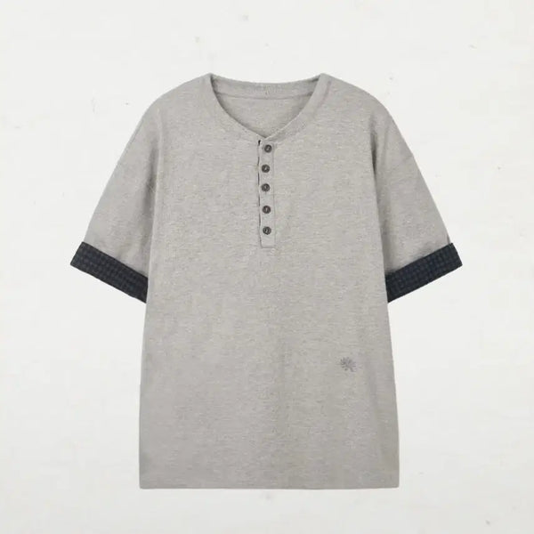 [BUNJANG] DANDEL DD Check Roll-Up Henley Neck Tee / 단델 DD check roll-up henley neck tee