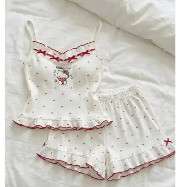[BUNJANG] Hello Kitty Built-in Cup Pajama Set / (새상품) 키티 내장캡 파자마 세트 프릴 리본 잠옷 홈웨어 나시 반바지