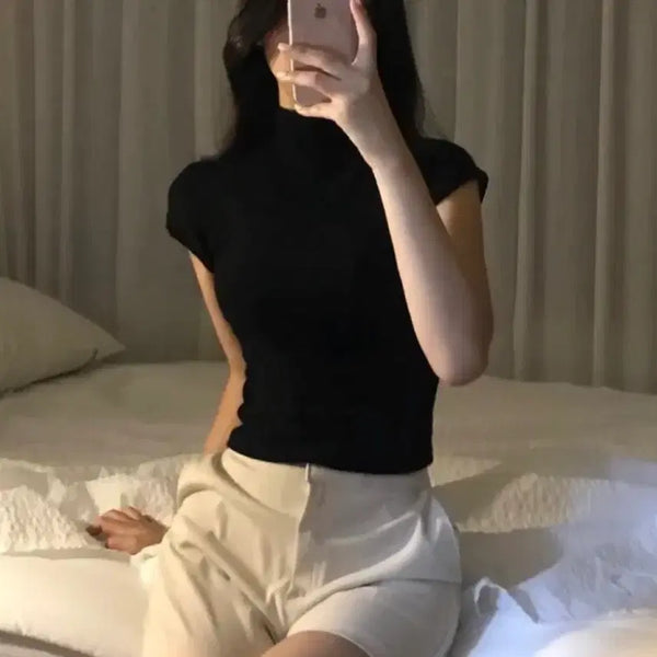 [BUNJANG] Black Short Sleeve Turtleneck T-Shirt / 블랙 반팔 폴라넥