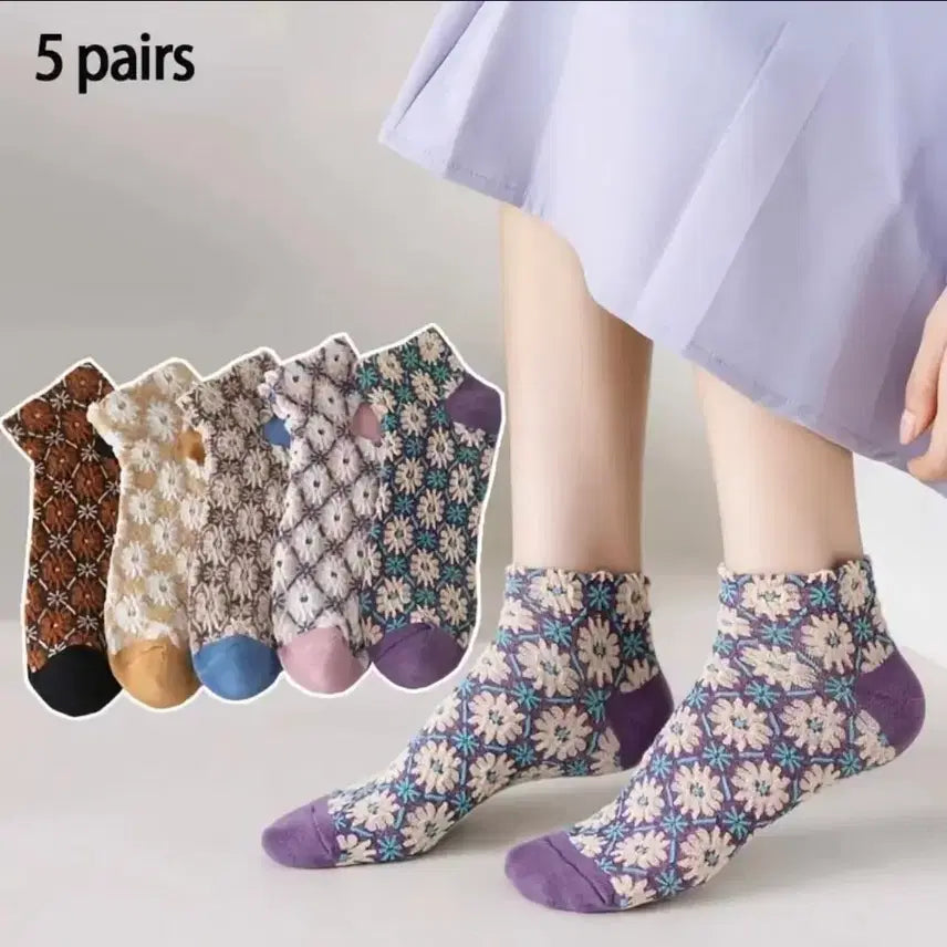 [BUNJANG] Women's Floral Patterned Socks (5-Pair Set) / 5켤레 여성 양말 꽃무늬