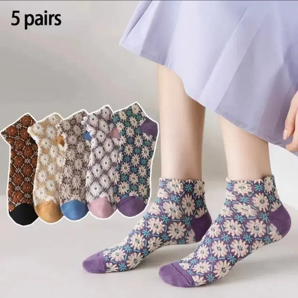 [BUNJANG] Women's Floral Patterned Socks (5-Pair Set) / 5켤레 여성 양말 꽃무늬