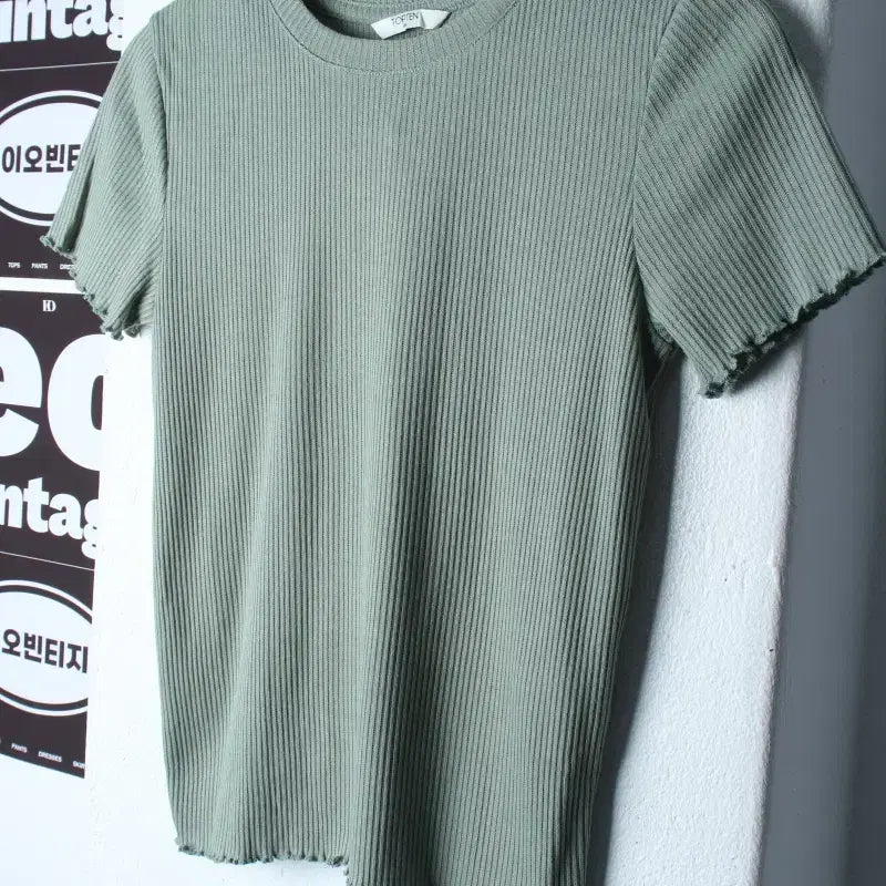 [BUNJANG] TOPTEN Slim Fit Ribbed Plain T-Shirt Green / W(M) 탑텐 반팔 티셔츠 슬림핏 골지 무지 그린-H34501
