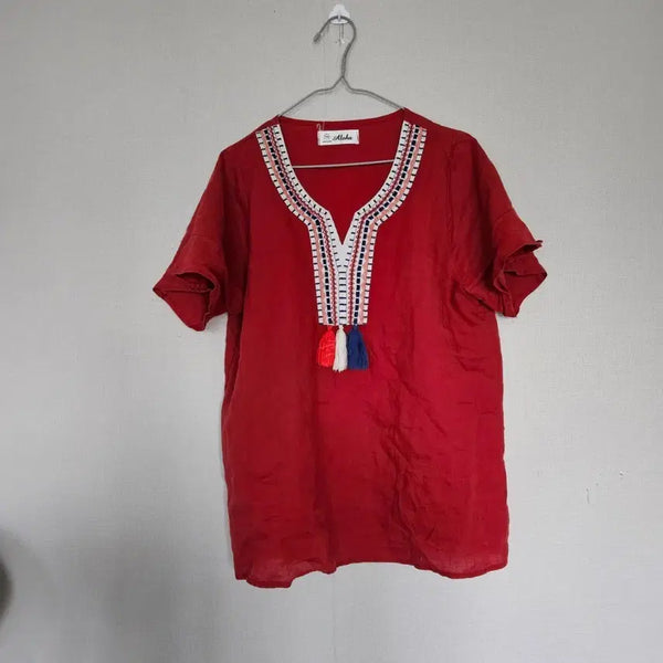 [BUNJANG] Aloha Red Short Sleeve T-Shirt with Punching Detail / 알로하 레드 반팔 티셔츠 펀칭 장식