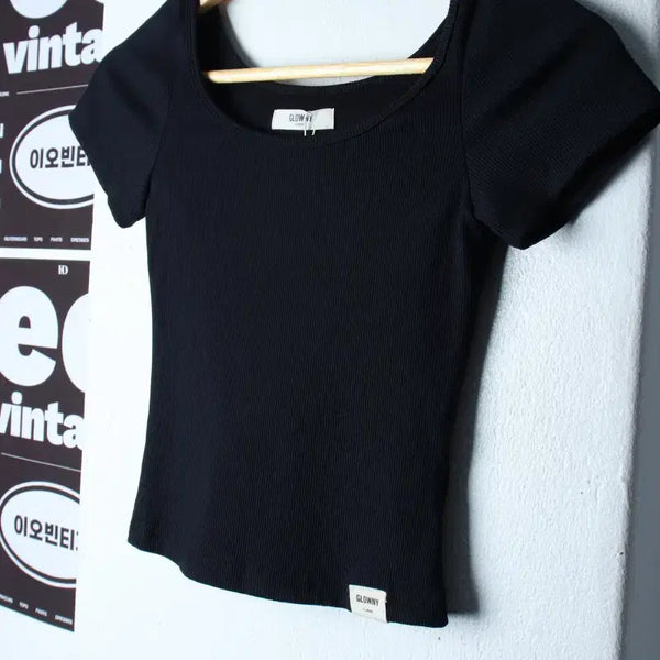 [BUNJANG] W(F) Glorony Ribbed Short-Sleeve T-Shirt Black / W(F) 글로니 반팔 티셔츠 새상품 슬림핏 골지 블랙-H34506