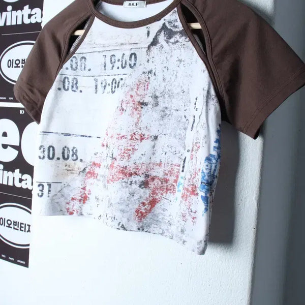 [BUNJANG] W Concept Cut-out Graphic Crop T-shirt Brown / W(F) 바우프 반팔 티셔츠 그래픽 절개 크롭 브라운-H34514