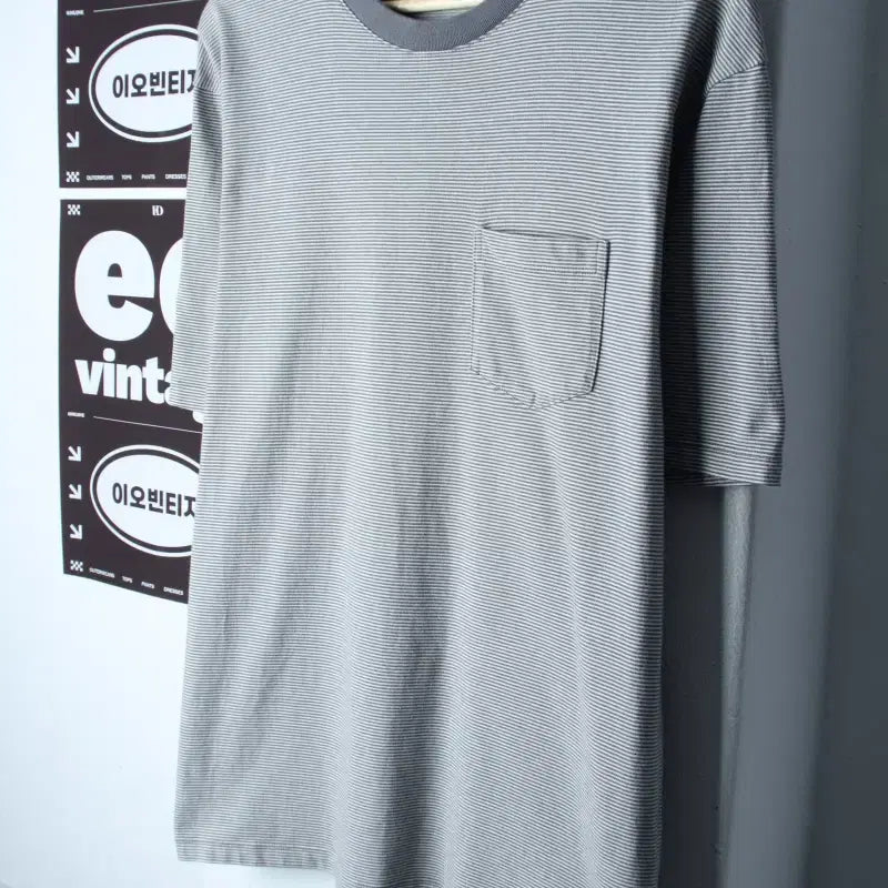 [BUNJANG] Musinsa Standard Stripe Pocket T-Shirt Grey / (M-L) 무신사 스탠다드 반팔 티셔츠 스트라이프 포켓 그레이-H3451