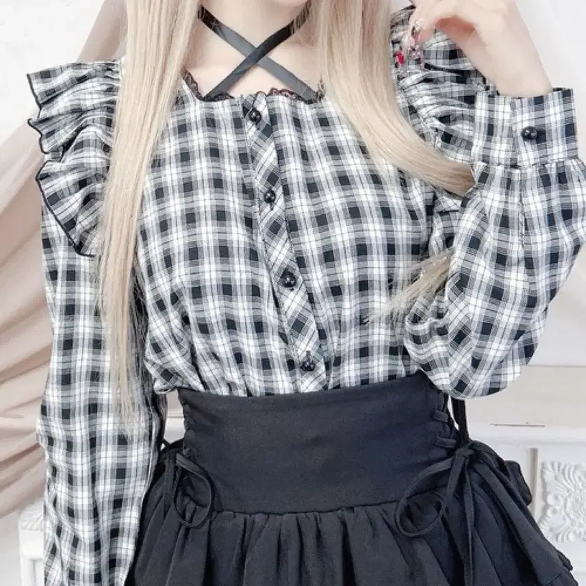 [BUNJANG] ma*rs Satin Ribbon Frill Blouse - Off White Check / 마즈 ma*rs 새틴 리본 프릴 블라우스 오프화이트 체크 양산형 지뢰계