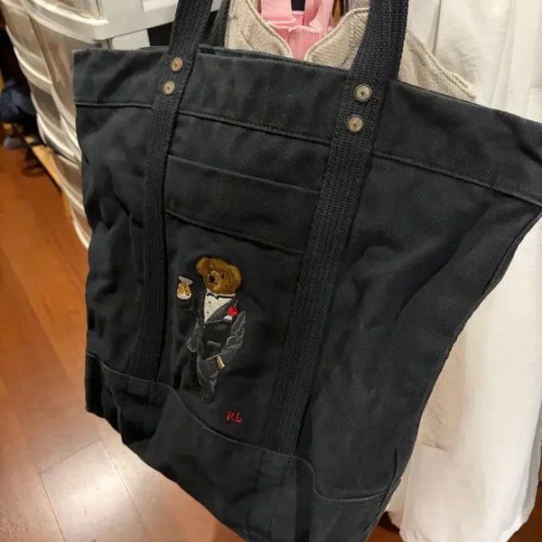 [BUNJANG] Polo Ralph Lauren Bear Embroidery Washed Canvas Tote Bag / 폴로 랄프로렌 베어 자수 캔버스 워싱 토트백