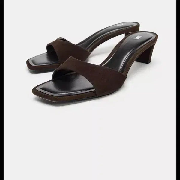 [BUNJANG] ZARA Suede Mule Heel Sandals Chocolate / 자라 zara 스웨이드 뮬 힐 샌들 초콜렛