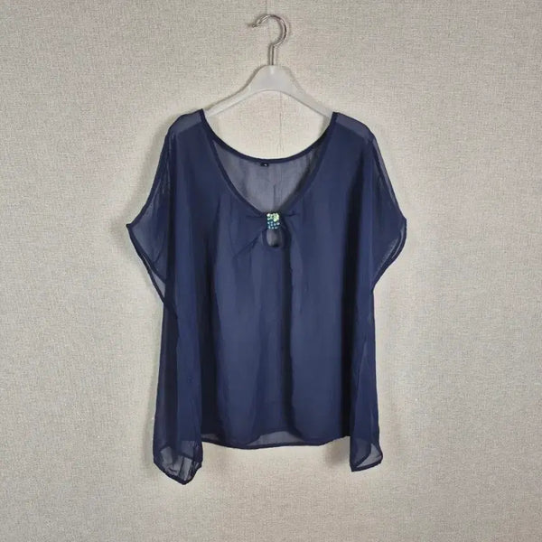 [BUNJANG] Navy Chiffon See-through Sequin Blouse / (#88,99추천/5L)네이비 쉬폰시스루 스팽글장식 블라우스
