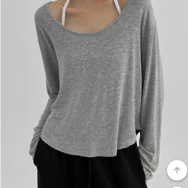 [BUNJANG] Abley Black Up Semi-Crop Round Long Sleeve T-shirt / 에이블리 블랙업 세미크롭 라운딩 긴팔티(살안타템)