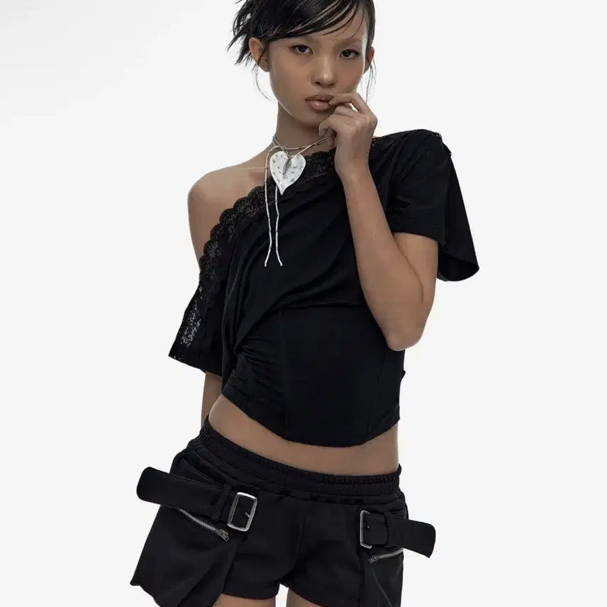 [BUNJANG] Kashiko Lace One-Shoulder Corset T-Shirt / kashiko 카시코 레이스 원숄더 코르셋 티셔츠