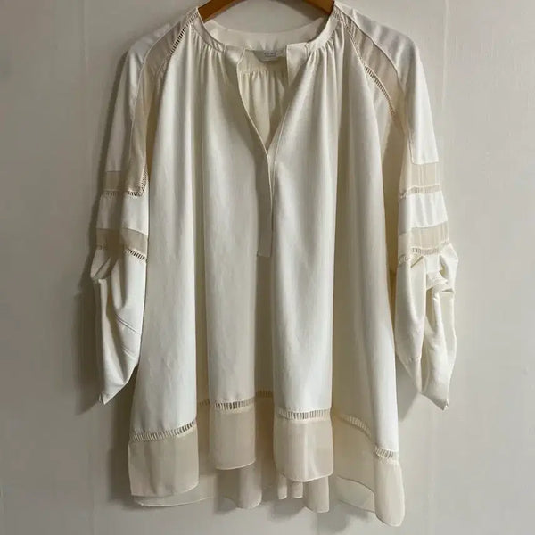 [BUNJANG] TIME by TIME Silk Color-Block Drape Blouse (Off-White) / 한섬 타임 실크배색 드레이프 블라우스(오프화이트)