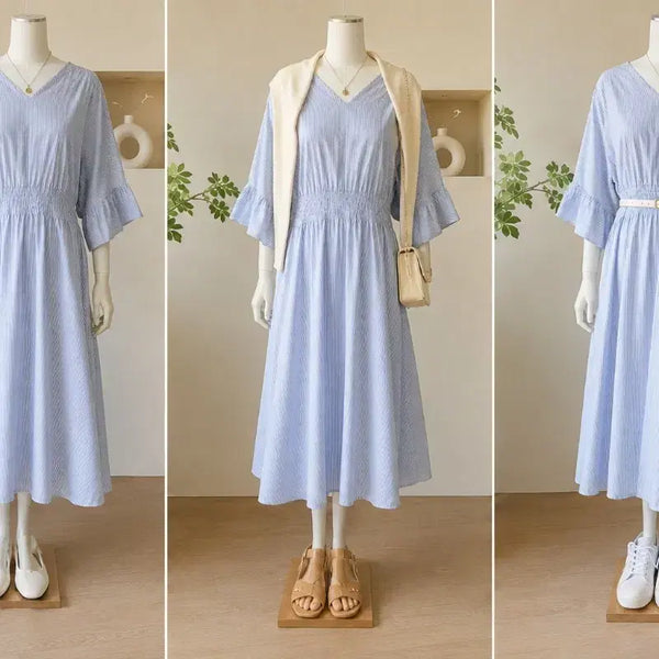 [BUNJANG] DEWL Stripe Long Dress with Inner Skirt / DEWL 스트라이프 롱 원피스 (속치마 포함)