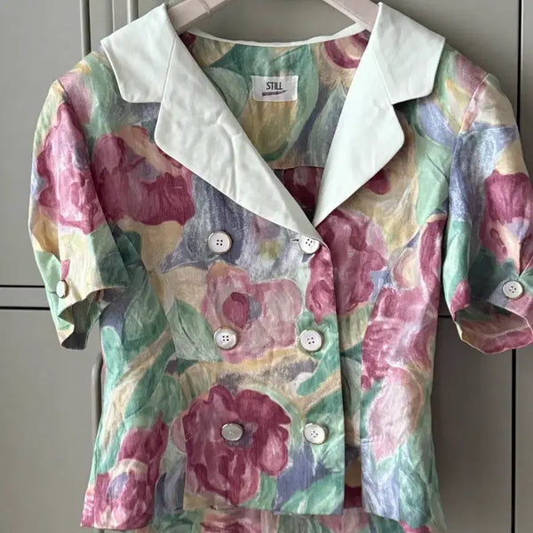 [BUNJANG] Japanese Vintage Floral Pattern Double-Button Blouse / 일본 빈티지 플라워 패턴 더블 버튼 블라우스