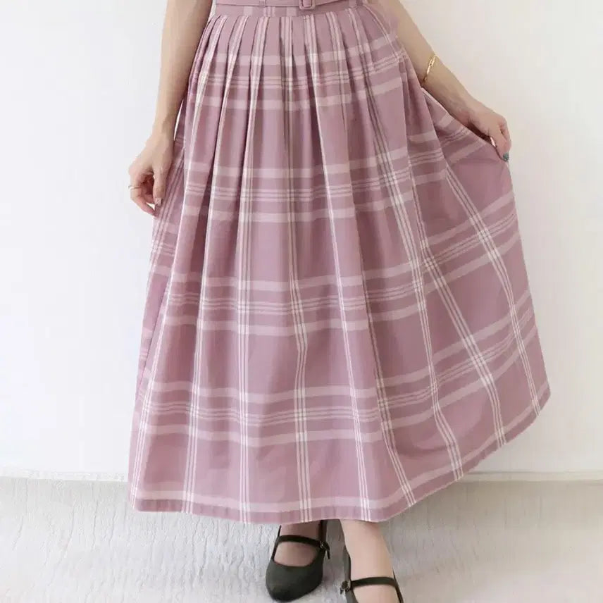 [BUNJANG] f.i.n.t Check Pleats Long Skirt Lavender / f.i.n.t 핀트 체크 플리츠 롱 스커트 라벤더 새상품