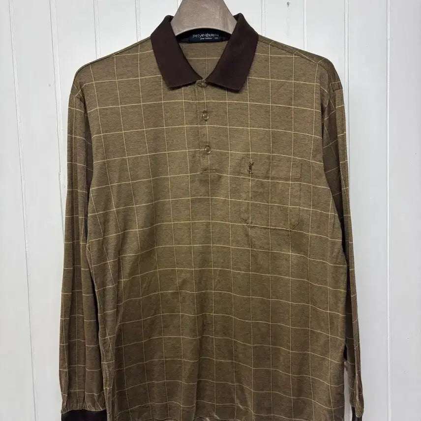 [BUNJANG] Yves Saint Laurent Vintage Cassandre Logo Check Long Sleeve Polo Shirt Men's 100 / 입생로랑 빈티지 카산드르 로고 체크 긴팔 카라티 남성100ㅡ0706