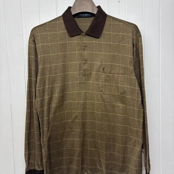 [BUNJANG] Yves Saint Laurent Vintage Cassandre Logo Check Long Sleeve Polo Shirt Men's 100 / 입생로랑 빈티지 카산드르 로고 체크 긴팔 카라티 남성100ㅡ0706
