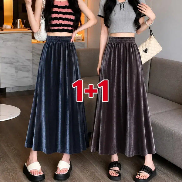 [BUNJANG] Velvet Long Skirt Set (2-Piece) / 벨벳 롱 스커트 1+1