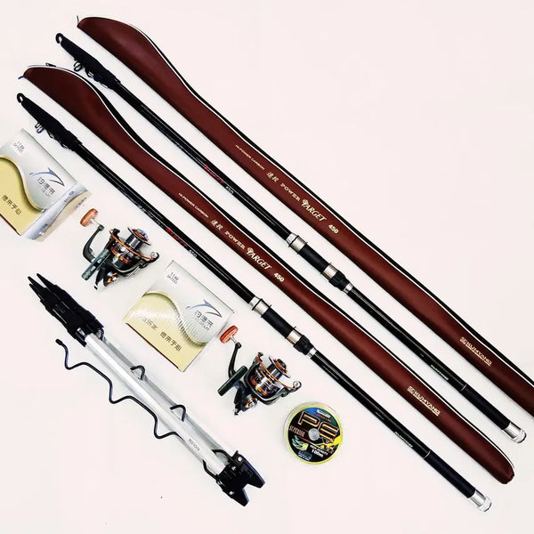 [BUNJANG] Carbon Casting Rod 4.5m (2pcs) with 7000 Size Reels (2pcs), Braided Line, and Tripod Rod Holder / 카본원투대450 2대/ 7000번릴2대/ 삼각받침대/ 합사감아드립니다