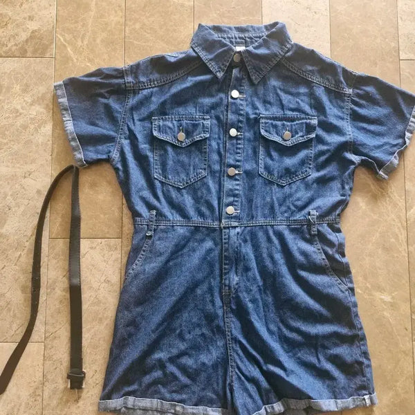[BUNJANG] Blue Denim Short Sleeve Jumpsuit with Belt / 청 패션 데님 반팔 점프수트 (벨트 포함)