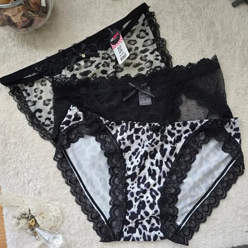 [BUNJANG] Leopard Print & Lace Women's Panty Set - Size S (3-Pack) / 호피 블랙 레이스 여성 팬티 S(90) 3종 세트 여성팬티
