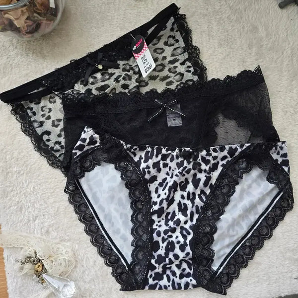 [BUNJANG] Leopard Print & Lace Women's Panty Set - Size S (3-Pack) / 호피 블랙 레이스 여성 팬티 S(90) 3종 세트 여성팬티