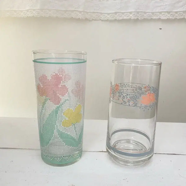 [BUNJANG] Vintage Flower Pattern Glass Cups (Set of 2) / 빈티지 유리잔 플라워 패턴 2종