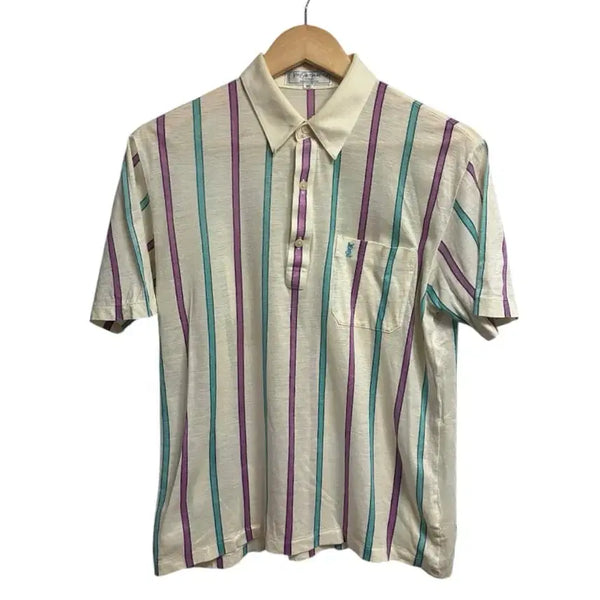 [BUNJANG] Yves Saint Laurent (YSL) Logo Stripe Linen Polo Shirt - Medium (95) / 입생로랑 YSL로고 스트라이프 린넨 카라티셔츠 M(95)size