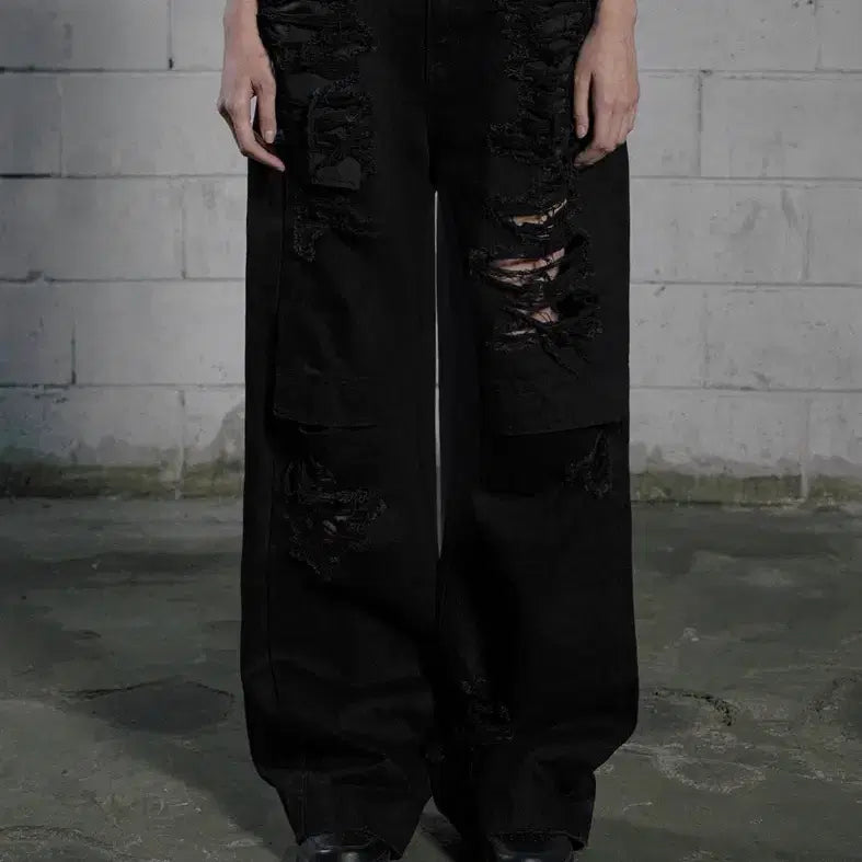 [BUNJANG] Bohemian Seoul Knee Open Ripped Wide Jeans - Black / 보헤미안 서울 KNEE OPEN RIPPED WIDE JEANS, BLA
