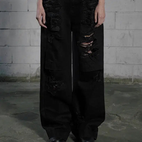 [BUNJANG] Bohemian Seoul Knee Open Ripped Wide Jeans - Black / 보헤미안 서울 KNEE OPEN RIPPED WIDE JEANS, BLA